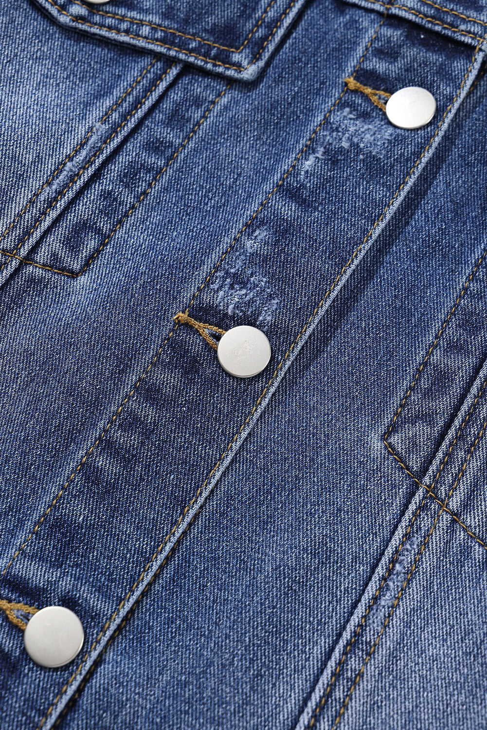 Blue Lapel Distressed Raw Hem Buttons Denim Jacket