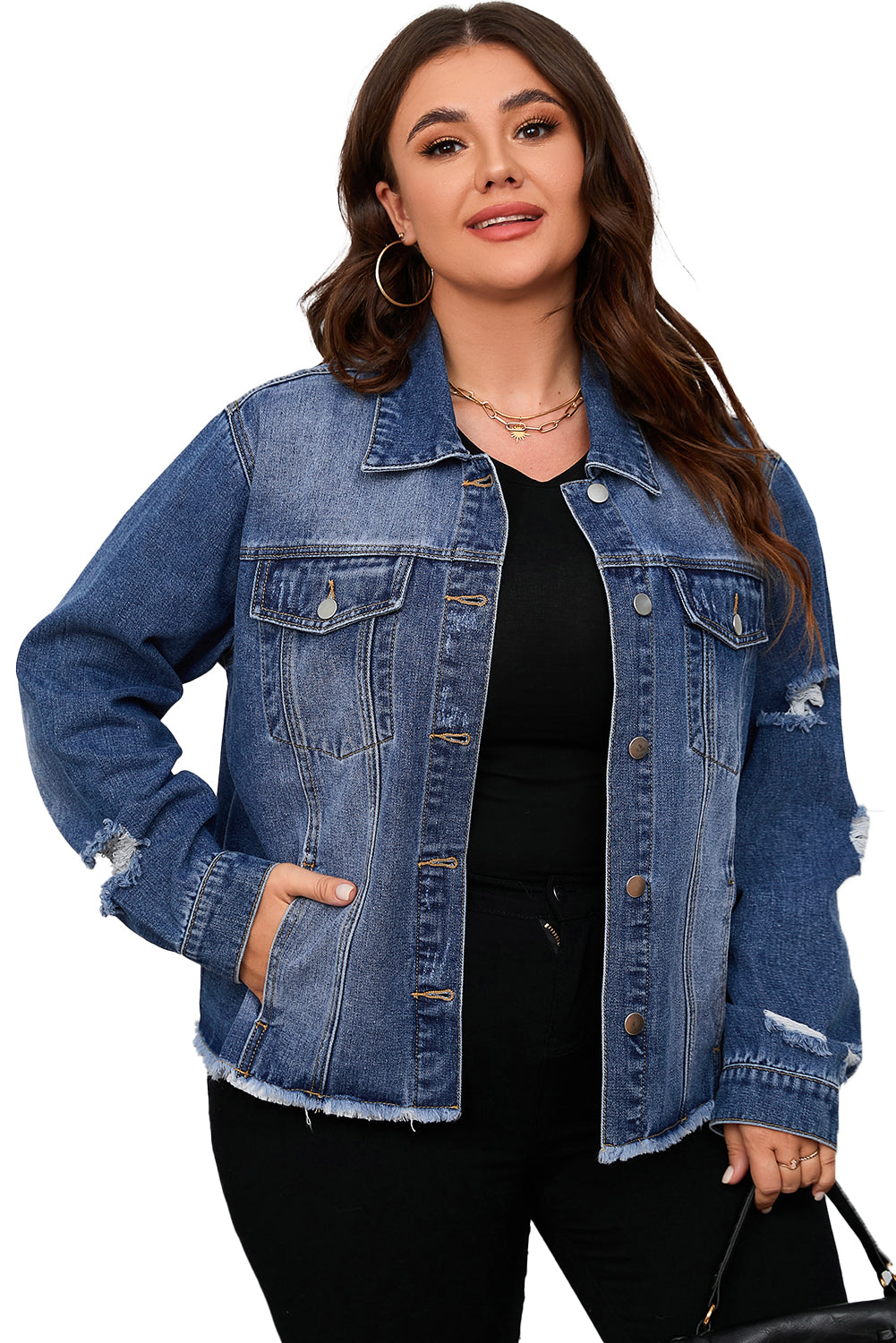 Blue Lapel Distressed Raw Hem Buttons Denim Jacket