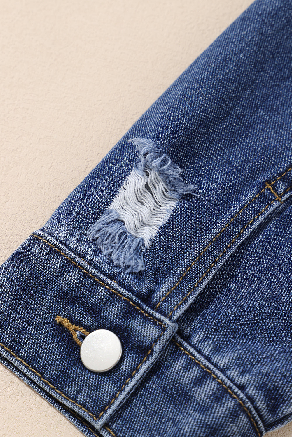 Blue Lapel Distressed Raw Hem Buttons Denim Jacket