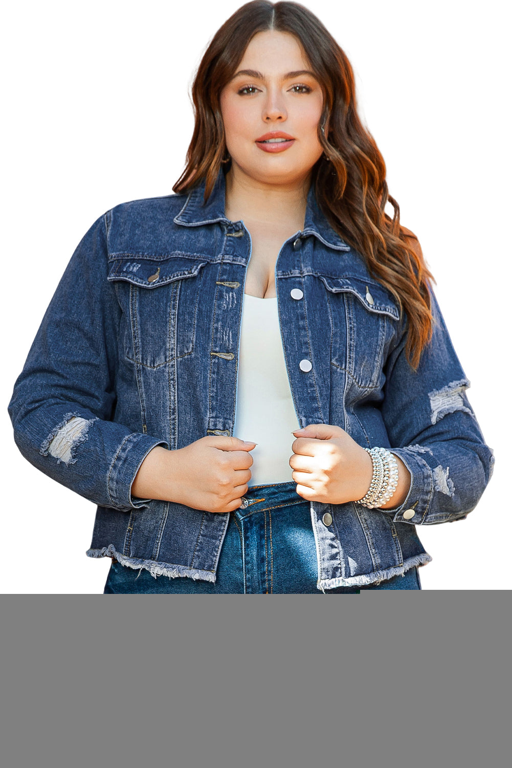 Blue Lapel Distressed Raw Hem Buttons Denim Jacket