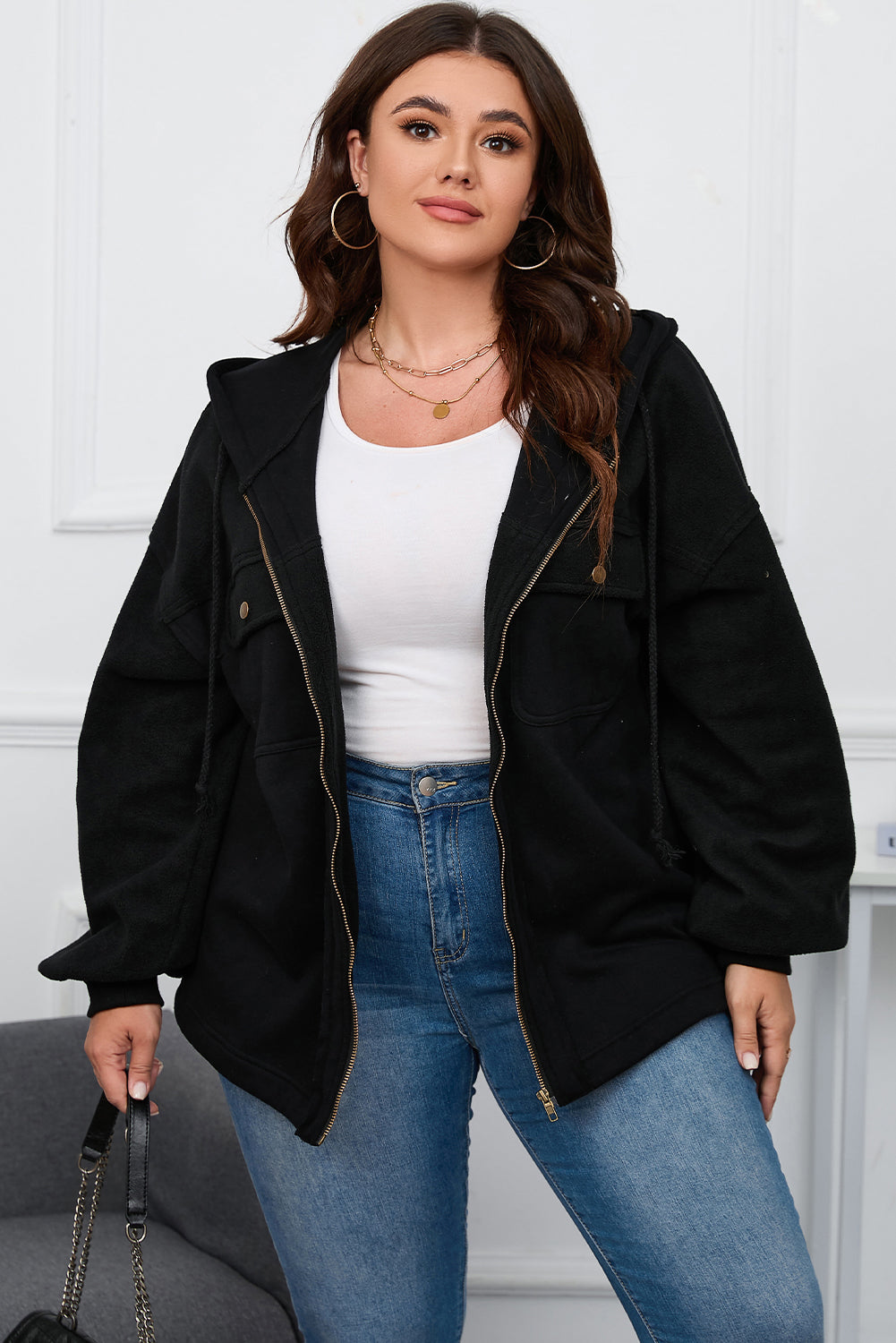 Green Flap Pocket Drawstring Hood Zip Up Jacket