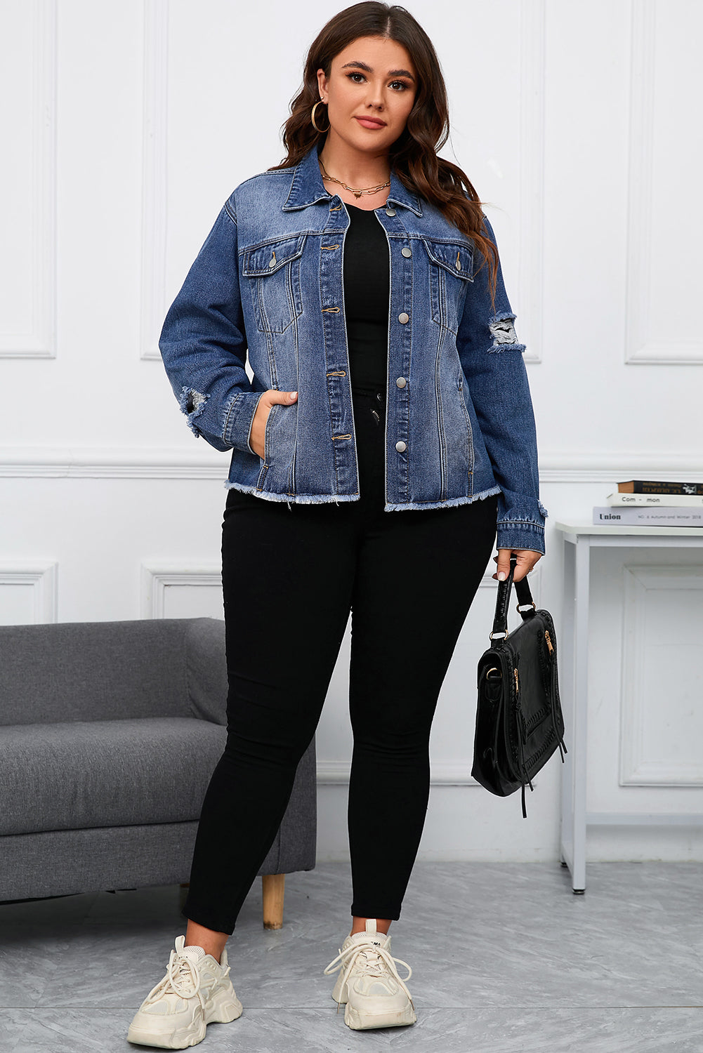 Blue Lapel Distressed Raw Hem Buttons Denim Jacket