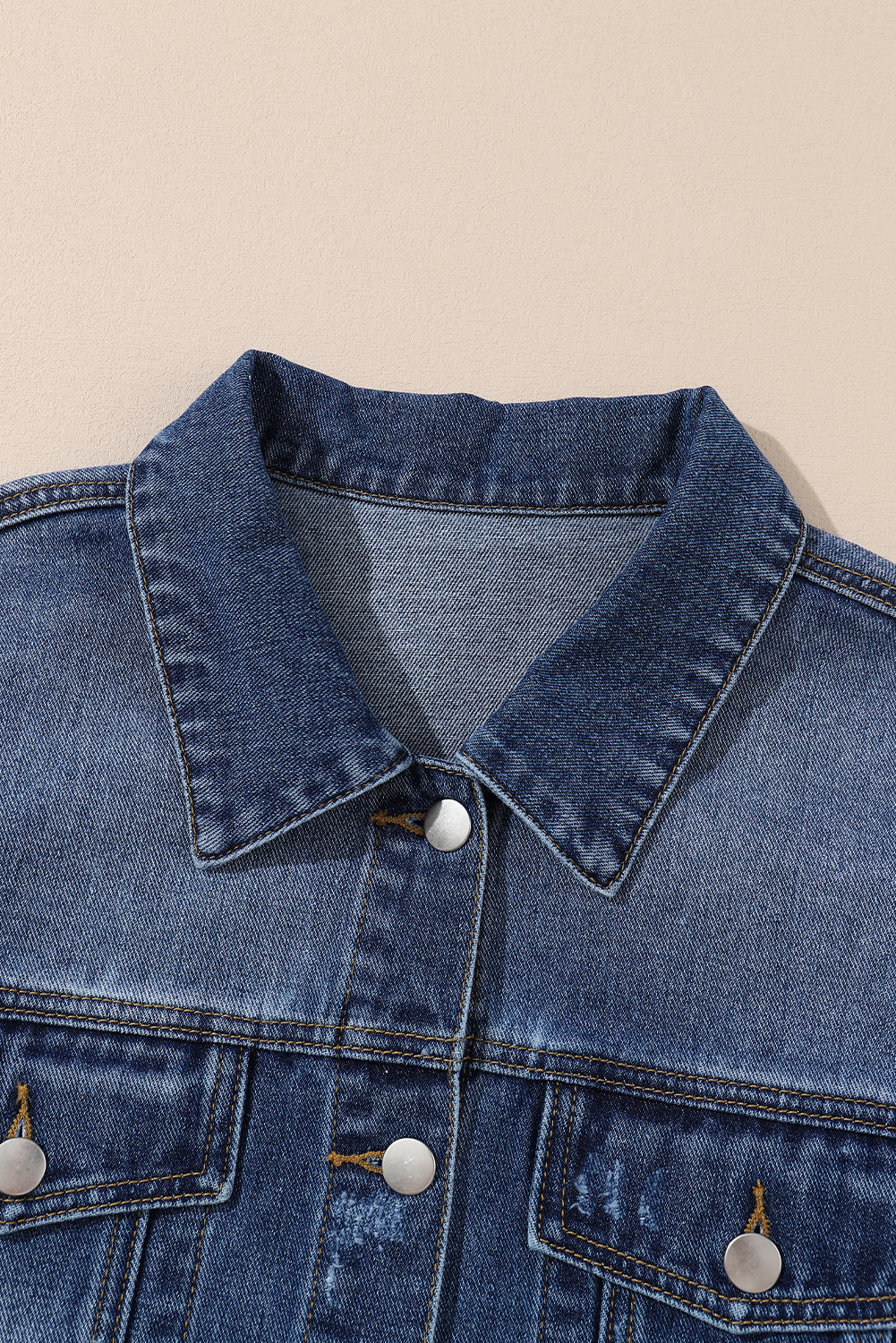 Blue Lapel Distressed Raw Hem Buttons Denim Jacket