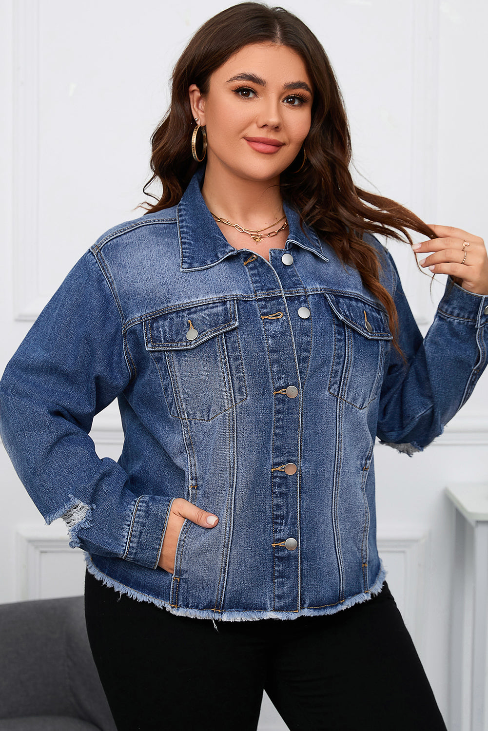 Blue Lapel Distressed Raw Hem Buttons Denim Jacket