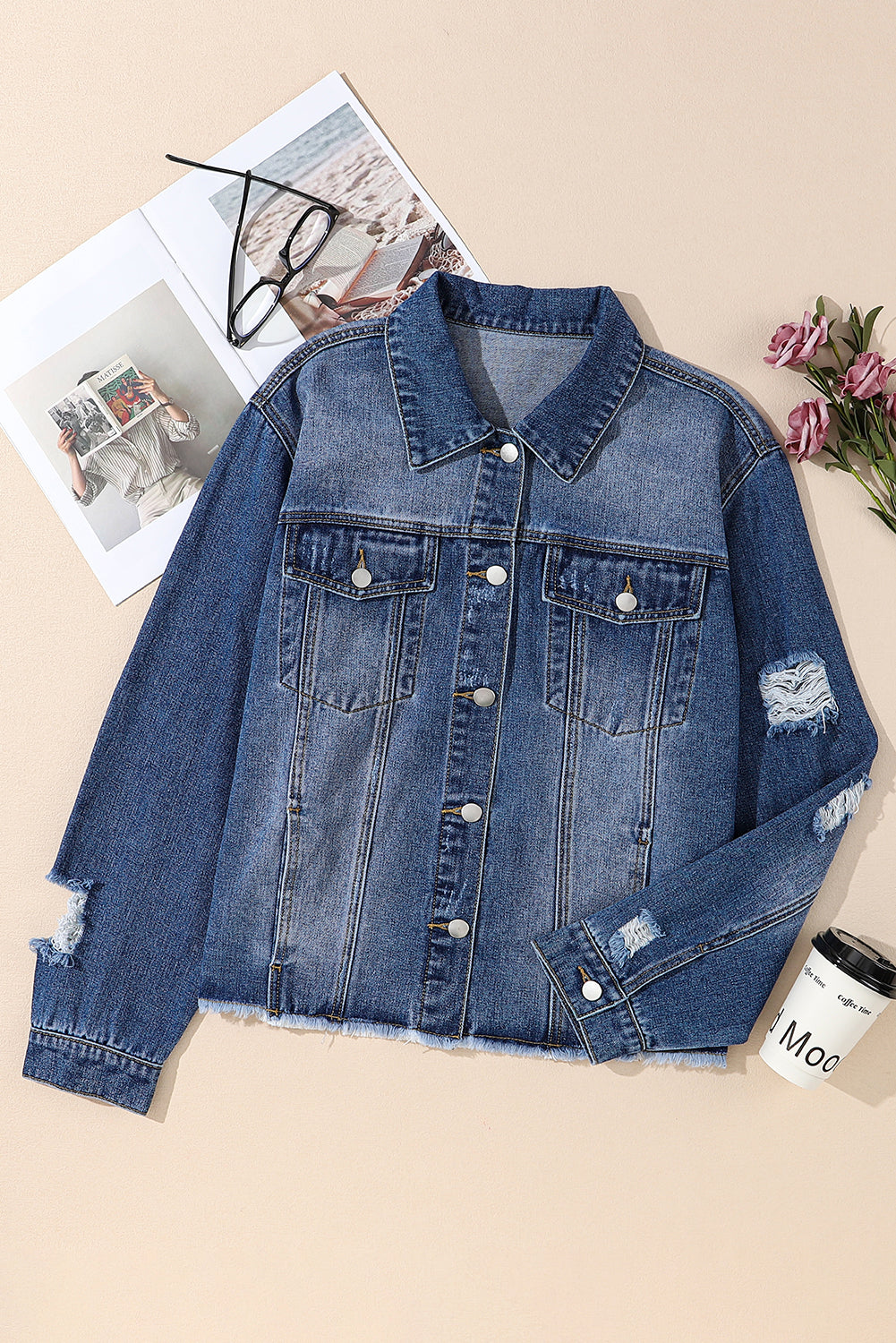 Blue Lapel Distressed Raw Hem Buttons Denim Jacket