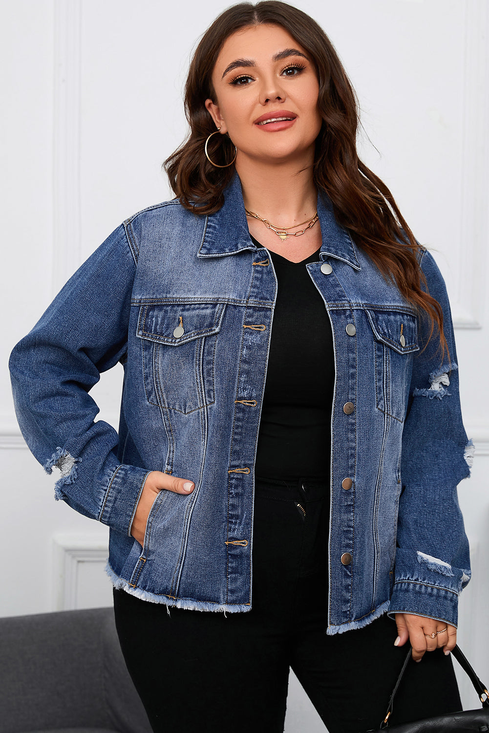 Blue Lapel Distressed Raw Hem Buttons Denim Jacket