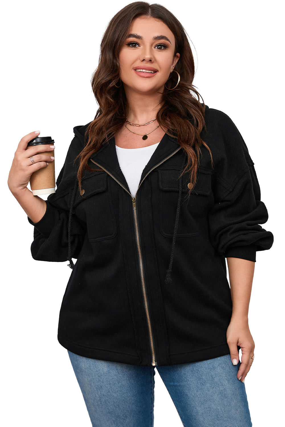 Green Flap Pocket Drawstring Hood Zip Up Jacket