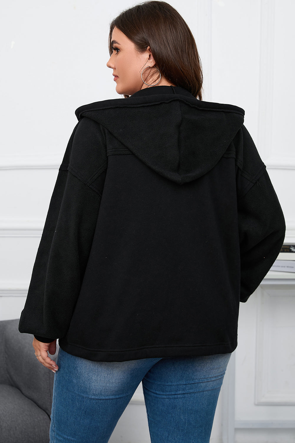 Green Flap Pocket Drawstring Hood Zip Up Jacket