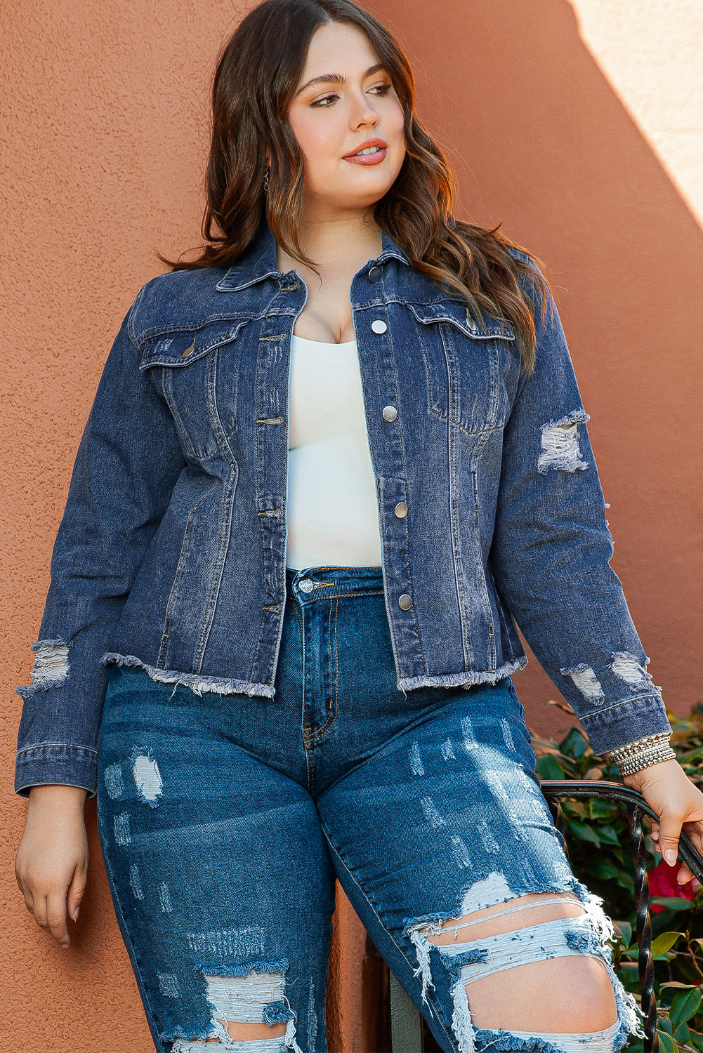 Blue Lapel Distressed Raw Hem Buttons Denim Jacket