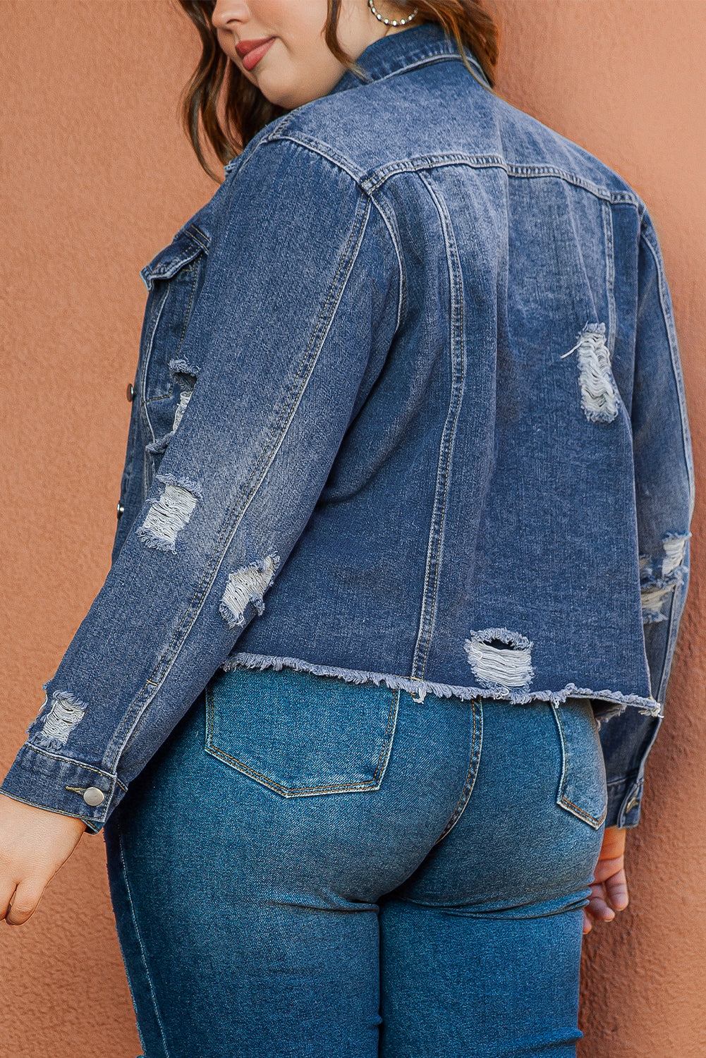 Blue Lapel Distressed Raw Hem Buttons Denim Jacket
