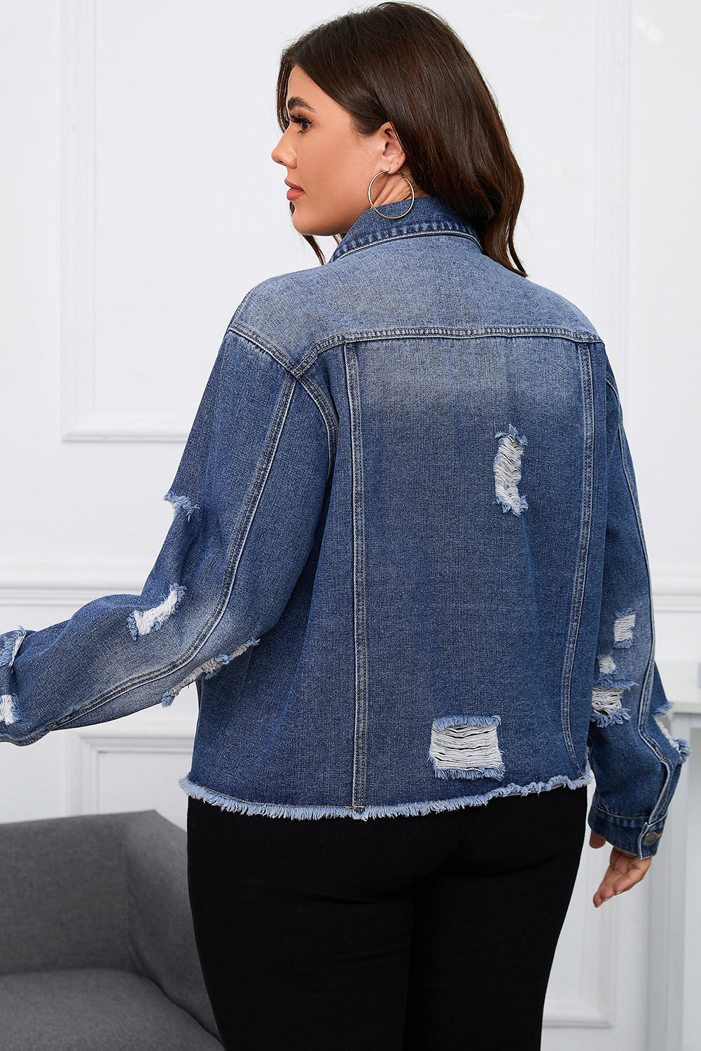 Blue Lapel Distressed Raw Hem Buttons Denim Jacket