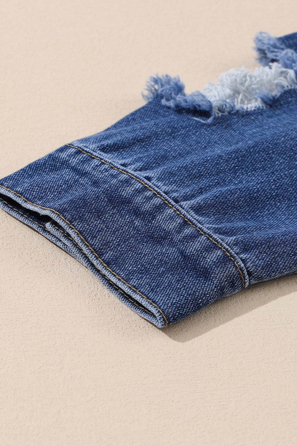 Blue Lapel Distressed Raw Hem Buttons Denim Jacket