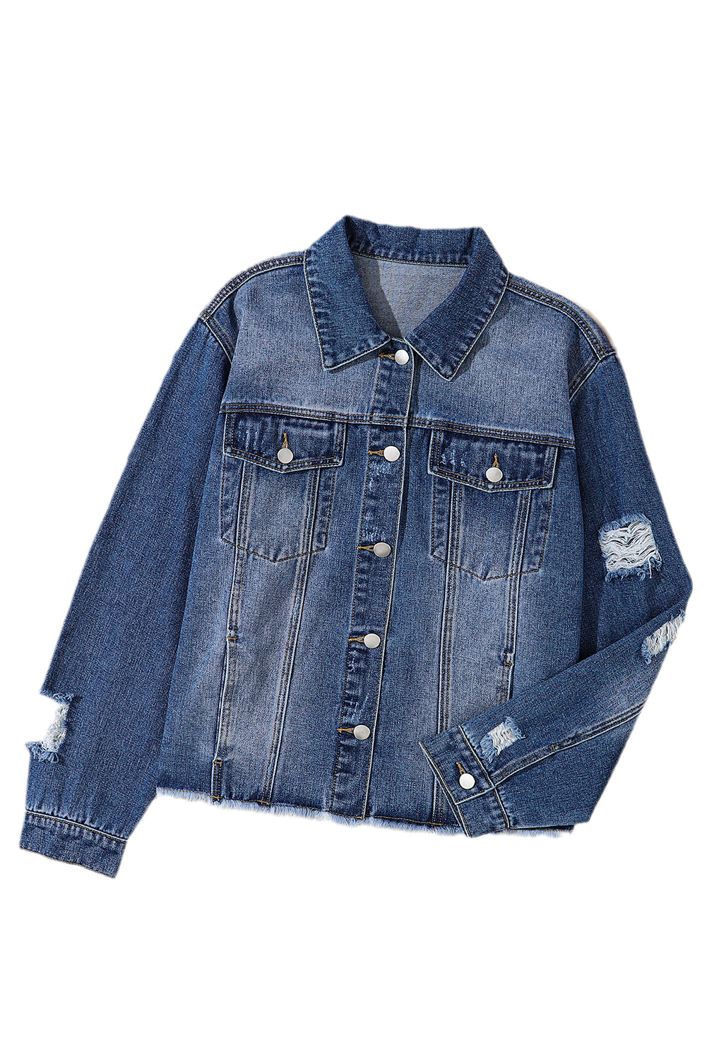 Blue Lapel Distressed Raw Hem Buttons Denim Jacket