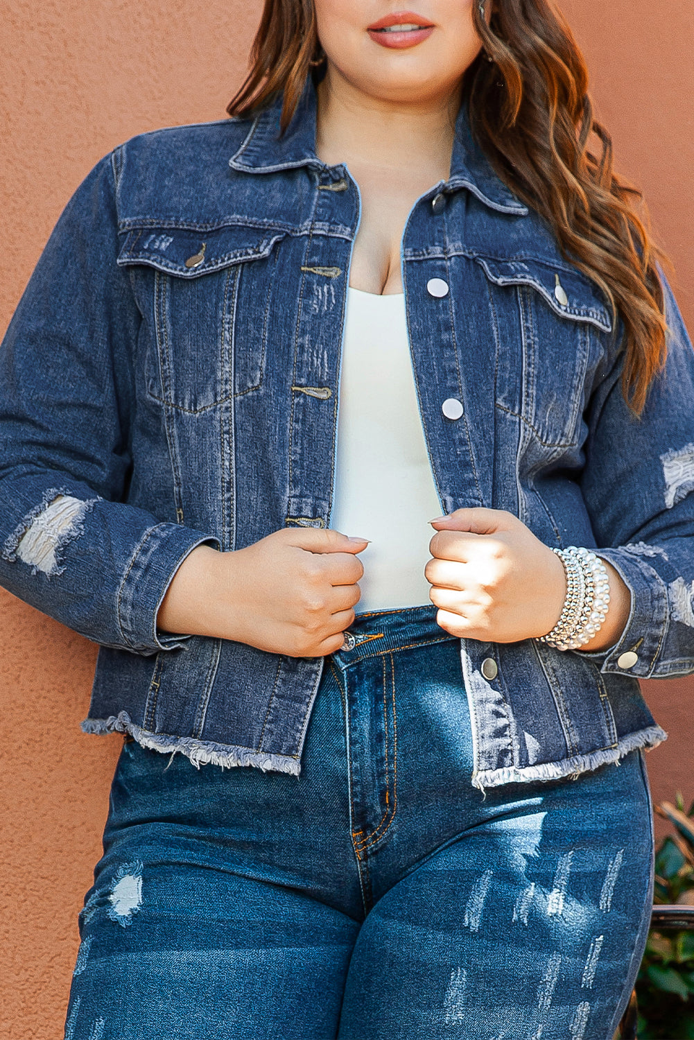 Blue Lapel Distressed Raw Hem Buttons Denim Jacket