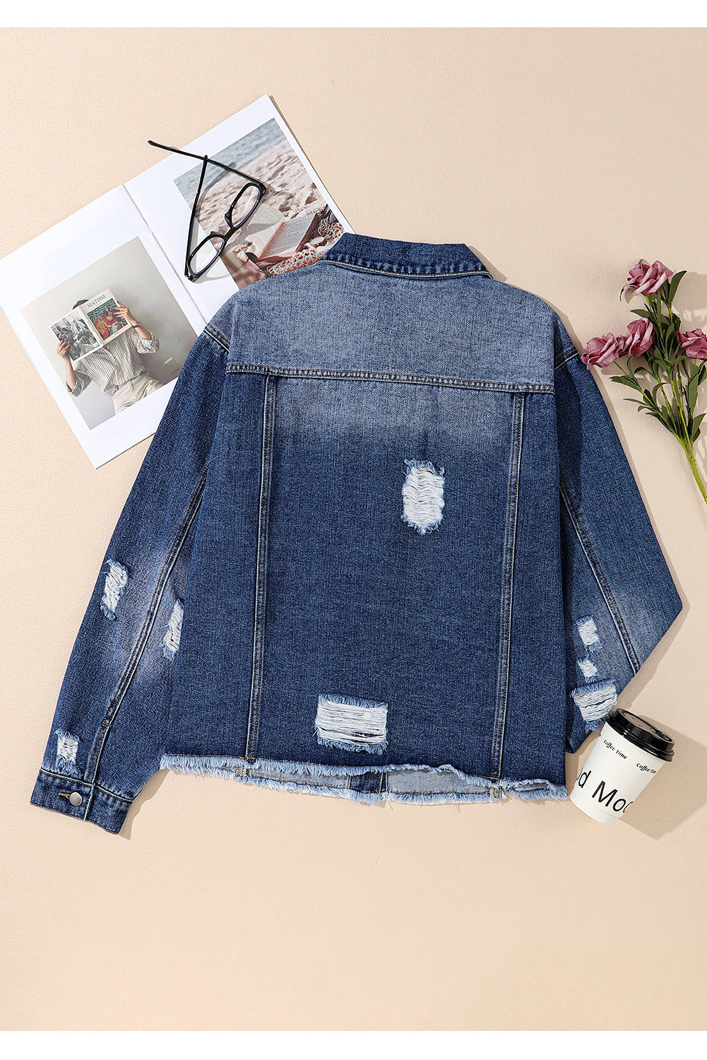 Blue Lapel Distressed Raw Hem Buttons Denim Jacket