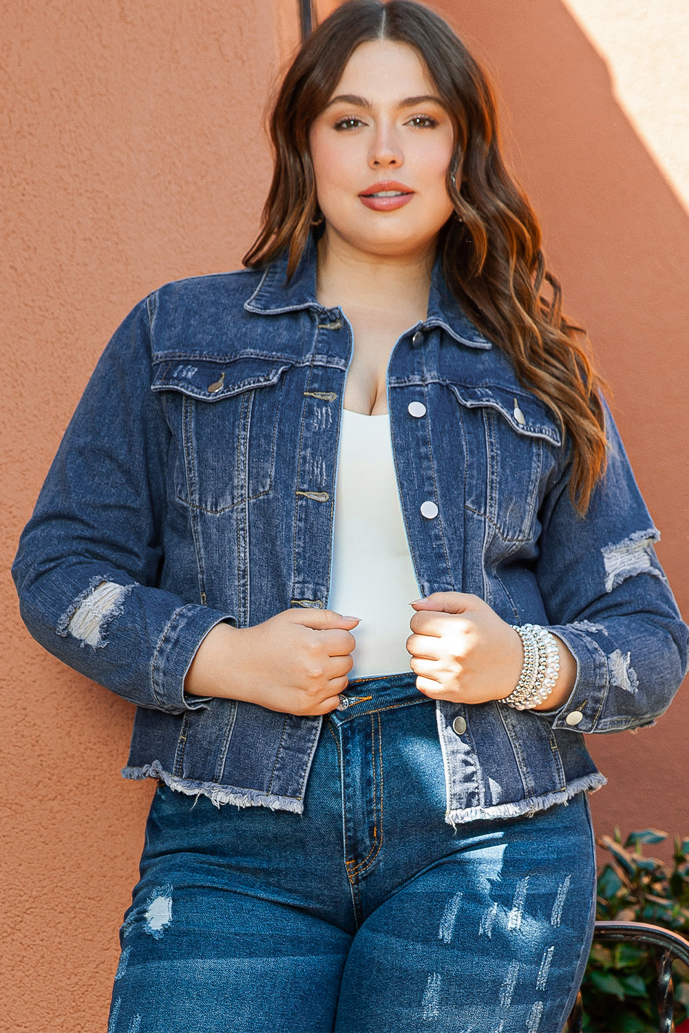 Blue Lapel Distressed Raw Hem Buttons Denim Jacket