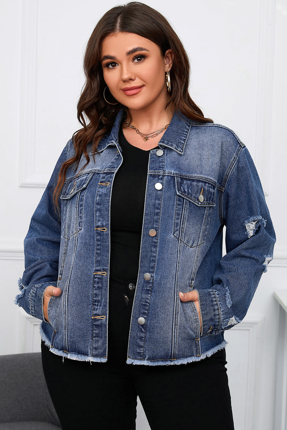 Blue Lapel Distressed Raw Hem Buttons Denim Jacket