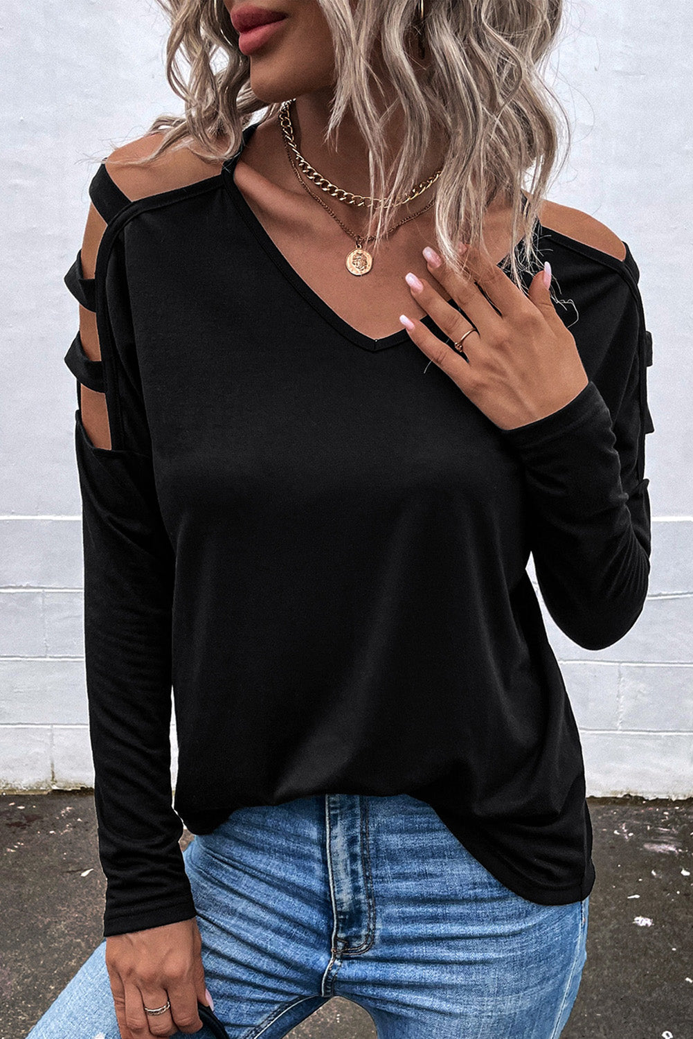 Black Cold Shoulder Cut out Long Sleeve Top