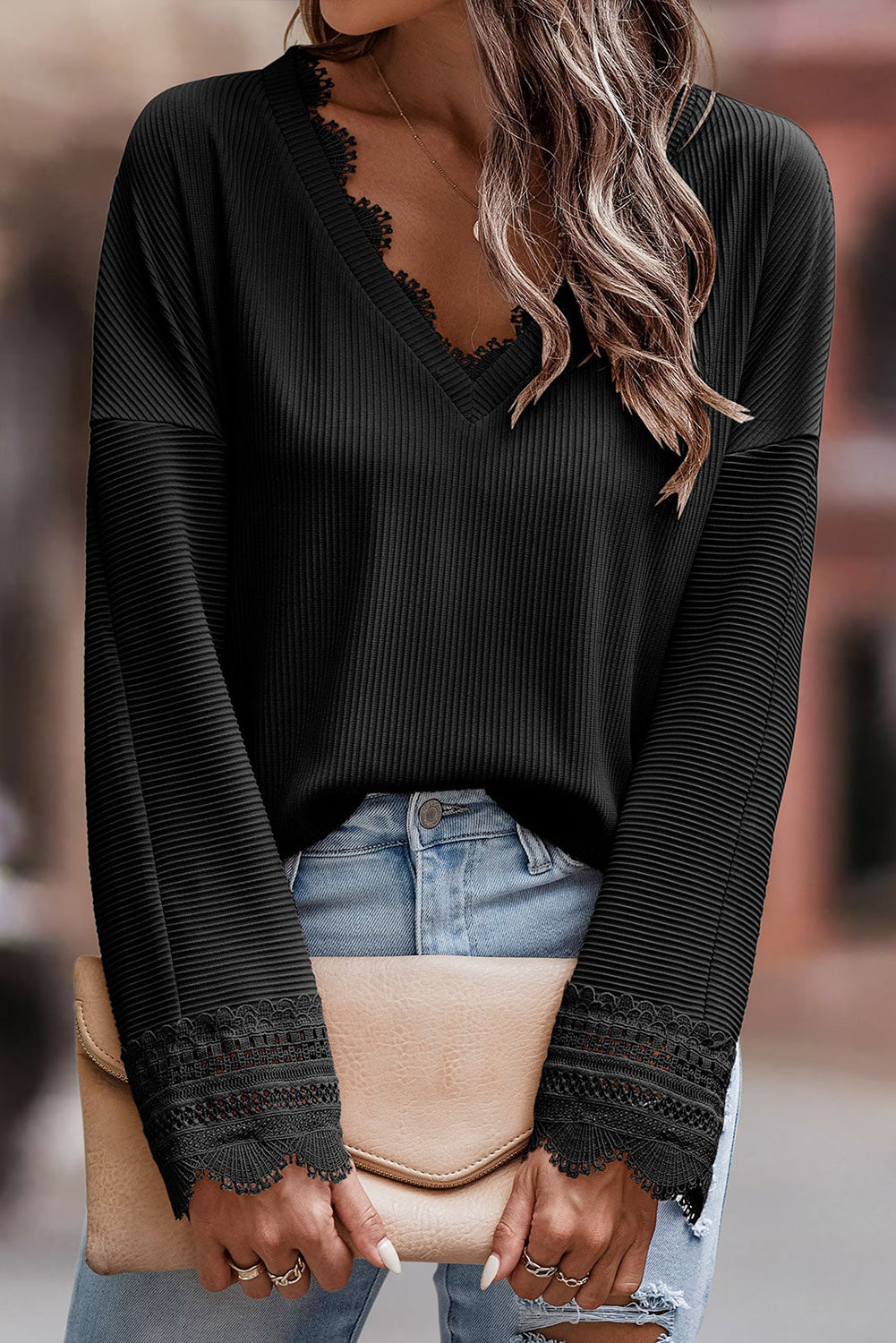 Ribbed Texture Lace Trim V Neck Long Sleeve Top