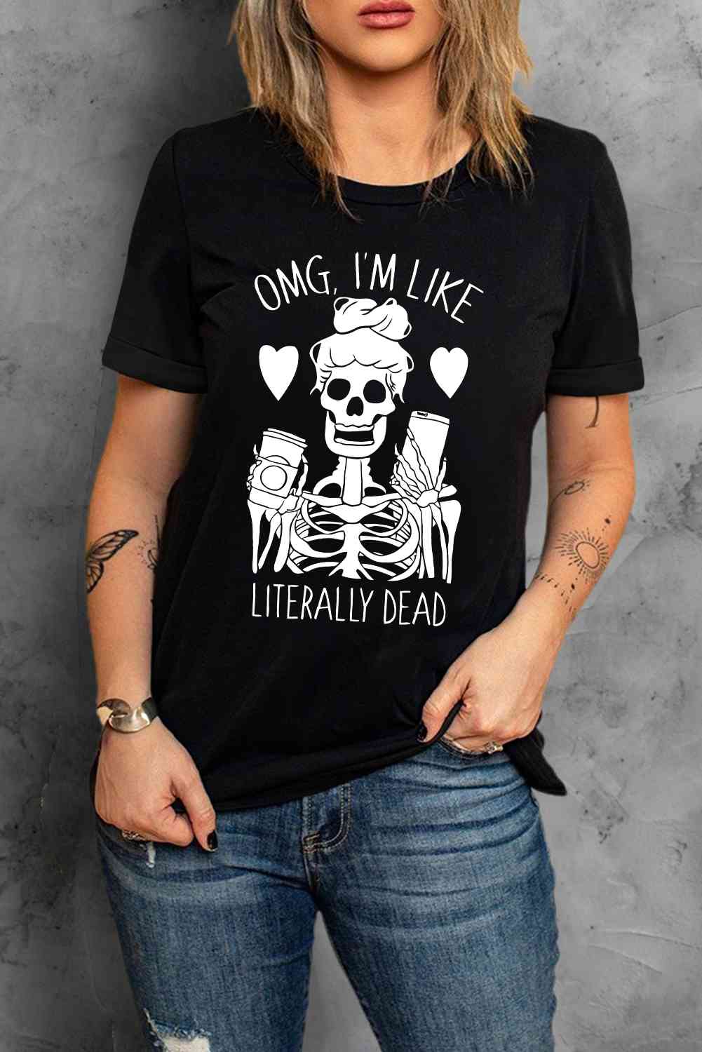 Halloween Skeleton Graphic Round Neck-T-Shirt