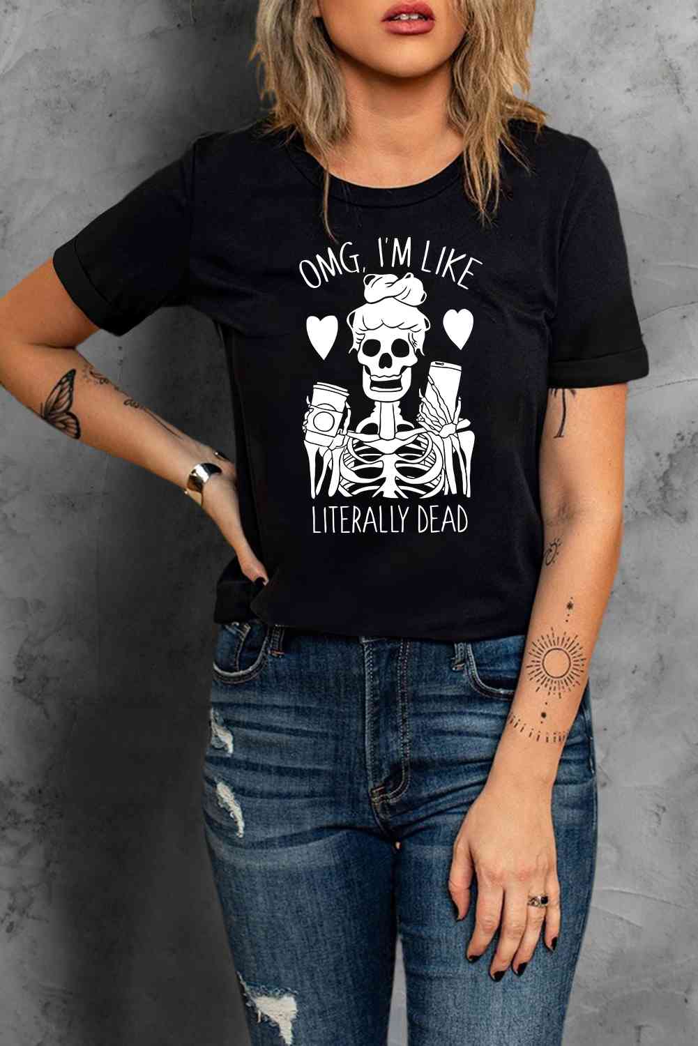 Halloween Skeleton Graphic Round Neck-T-Shirt