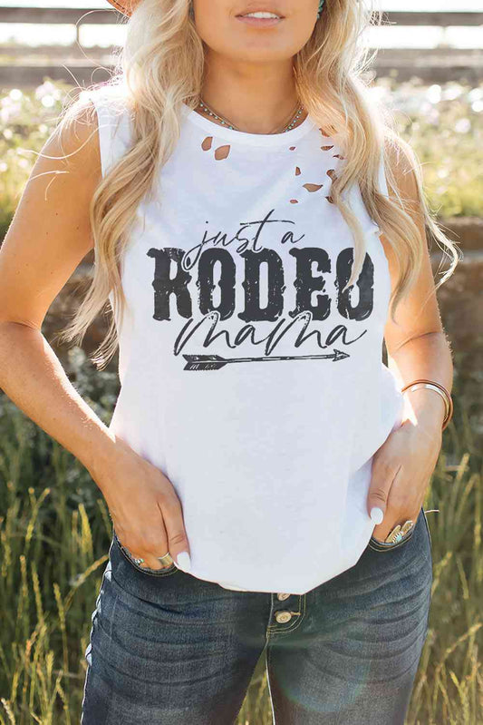 JUST A RODEO MAMA Graphic Distressed Tank Top