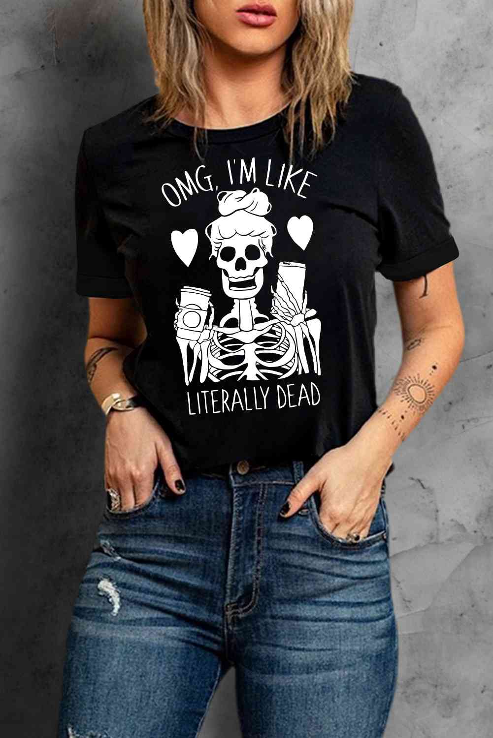 Halloween Skeleton Graphic Round Neck-T-Shirt